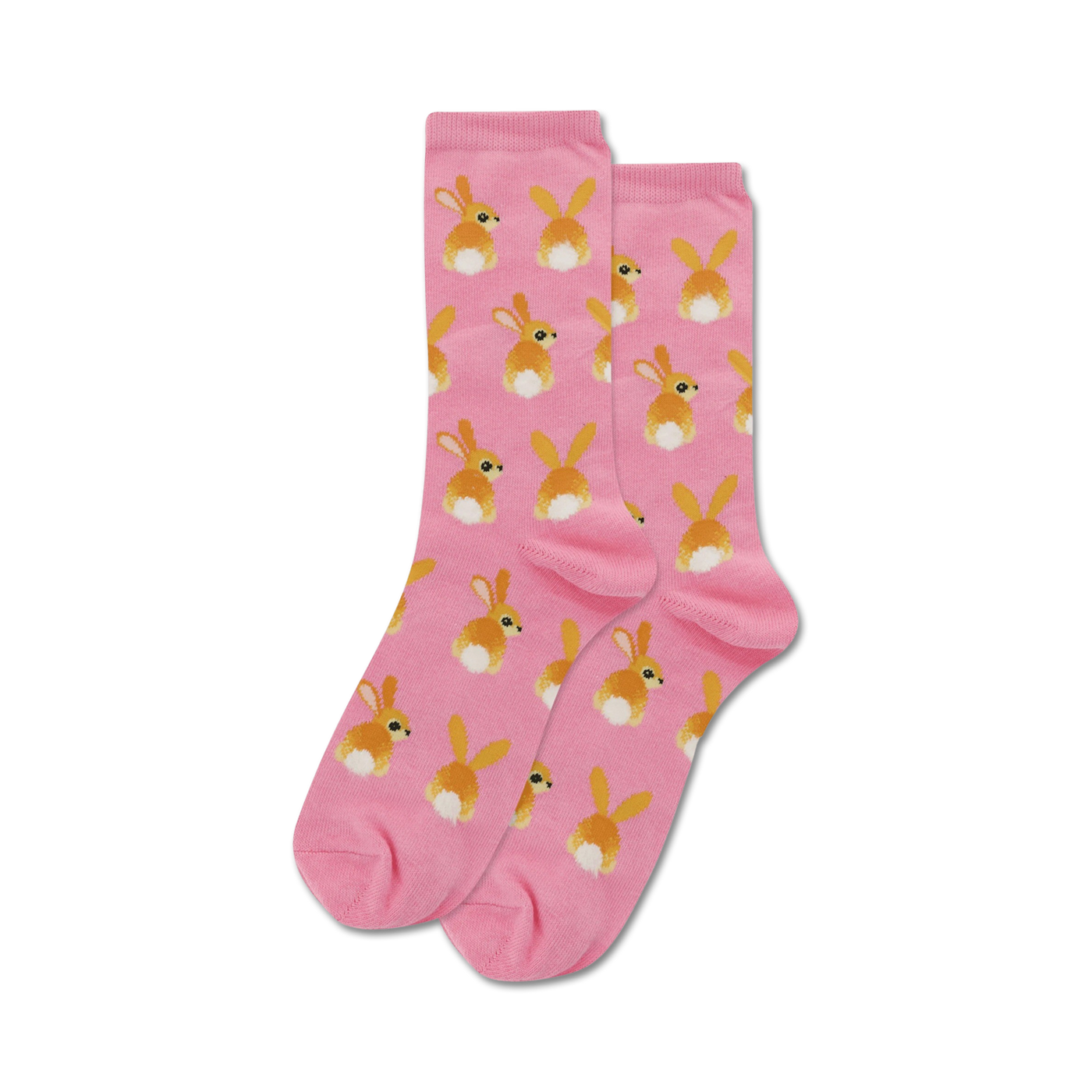 Pair of pink crew socks featuring a repeating pattern of cute brown bunny tails.