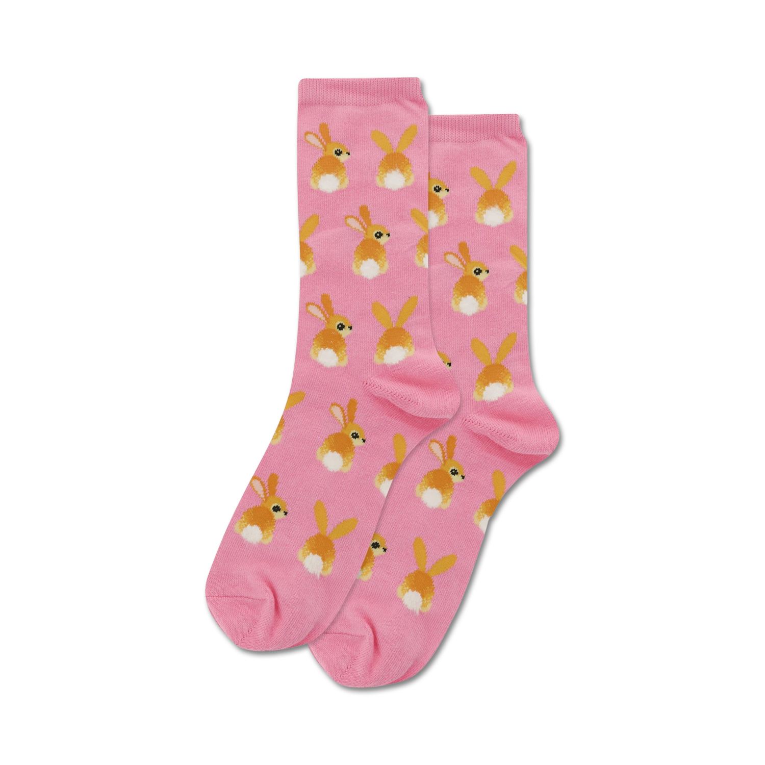 Pair of pink crew socks featuring a repeating pattern of cute brown bunny tails.
