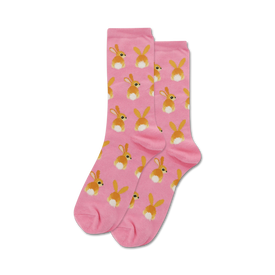 pink crew socks feature cartoon rabbits with perky ears and straight up tails.   