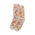 Pair of beige crew socks.  Colorful stylized birds and flowers are visible against a light beige background.