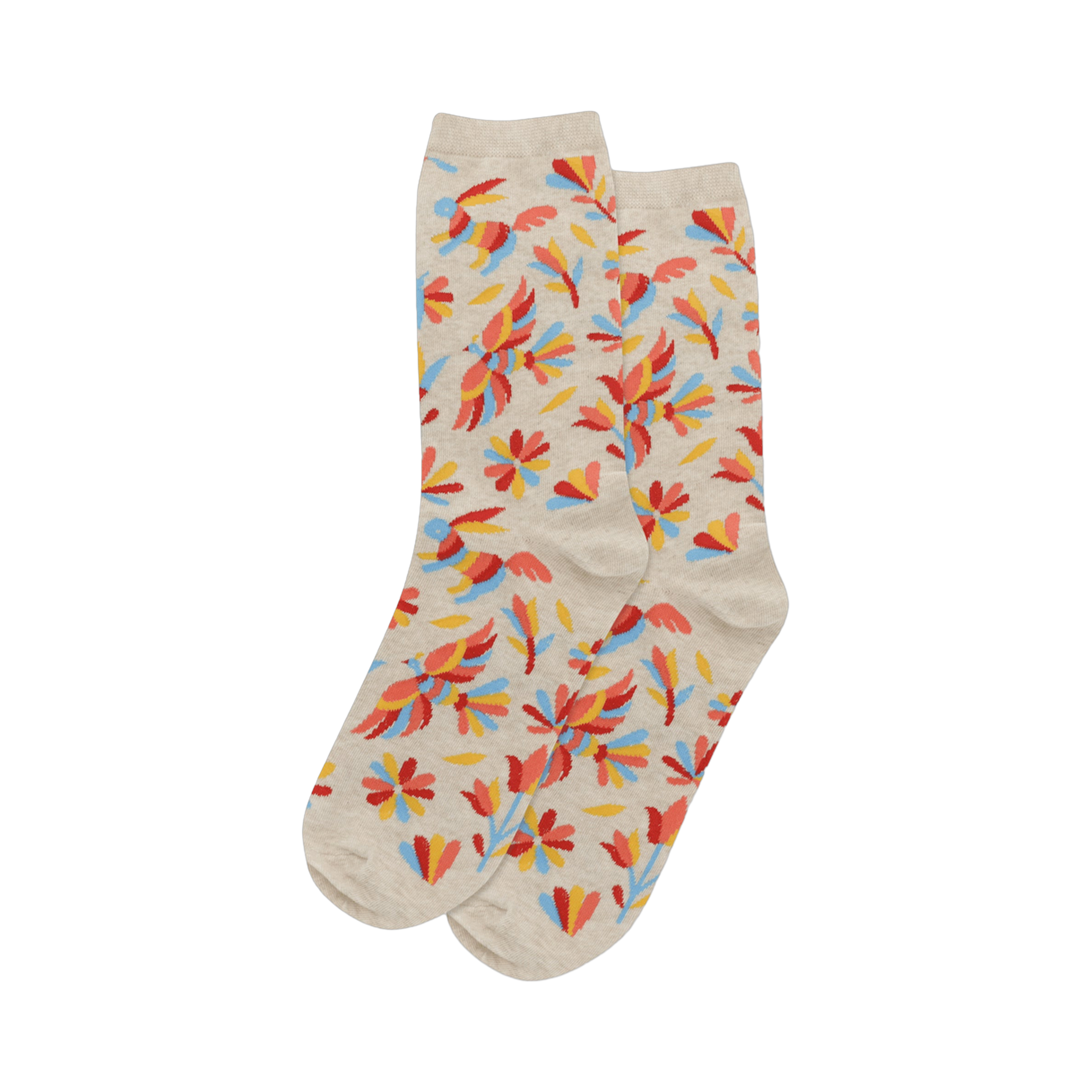 Pair of beige crew socks.  Colorful stylized birds and flowers are visible against a light beige background.