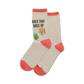 Pair of grey crew socks with coral pink cuffs.  Features a cute avocado and toast design and the text 'Back That Hass Up'.