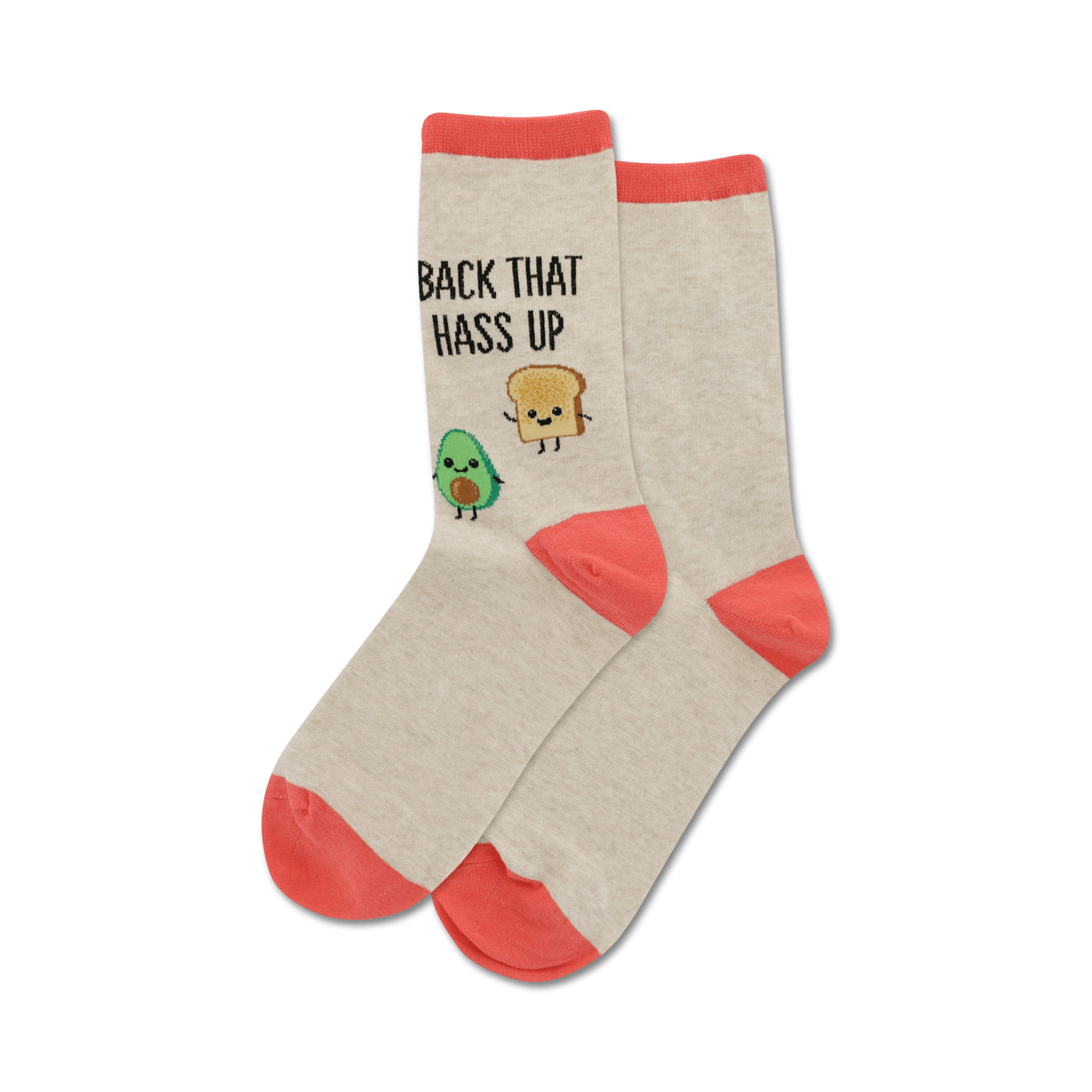 Pair of grey crew socks with coral pink cuffs.  Features a cute avocado and toast design and the text 'Back That Hass Up'.