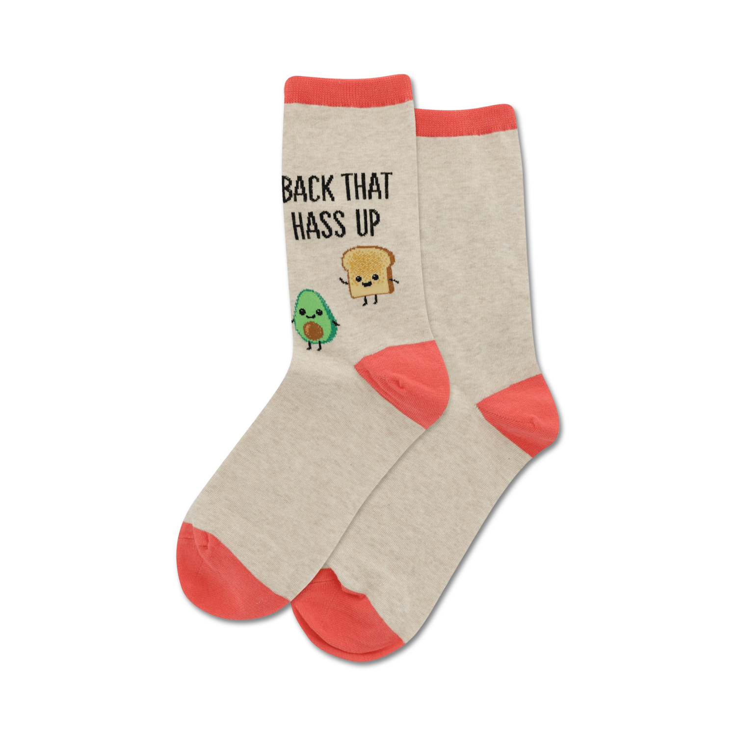 Pair of grey crew socks with coral pink cuffs.  Features a cute avocado and toast design and the text 'Back That Hass Up'.