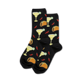 Pair of black crew socks with a fun pattern featuring margaritas, tacos, and chili peppers.