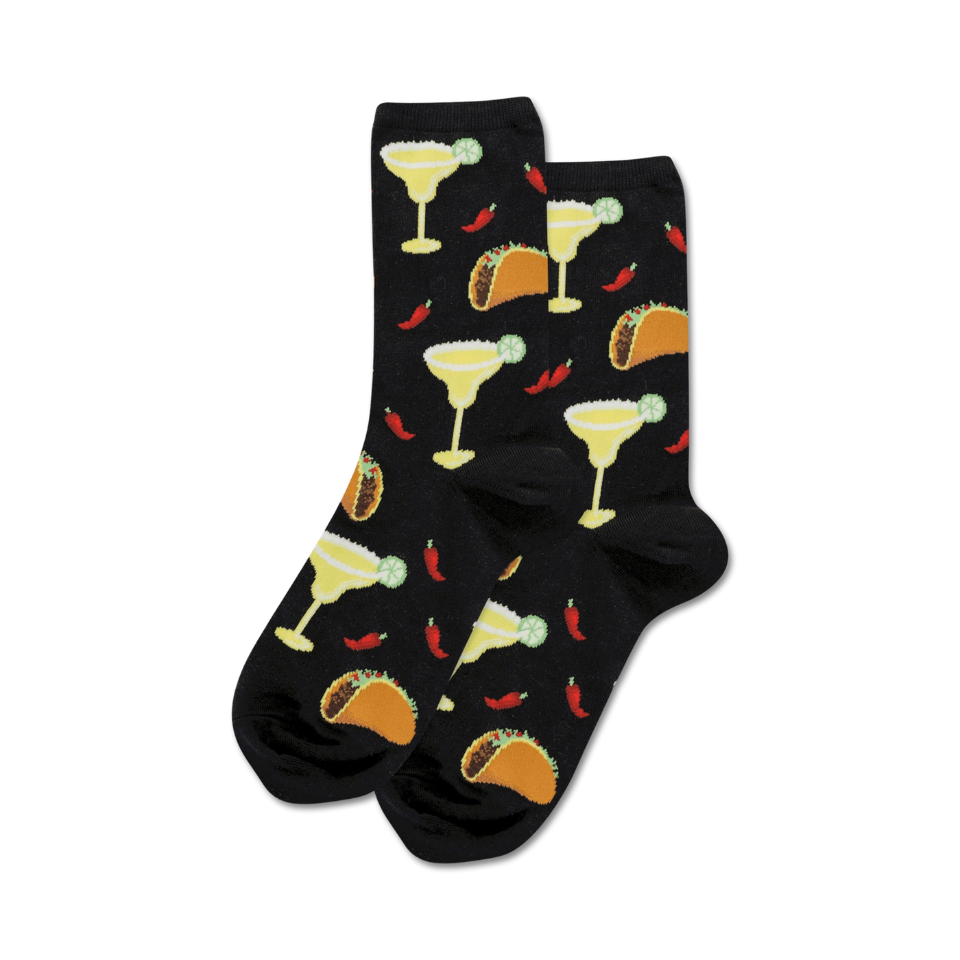 Pair of black crew socks with a fun pattern featuring margaritas, tacos, and chili peppers.