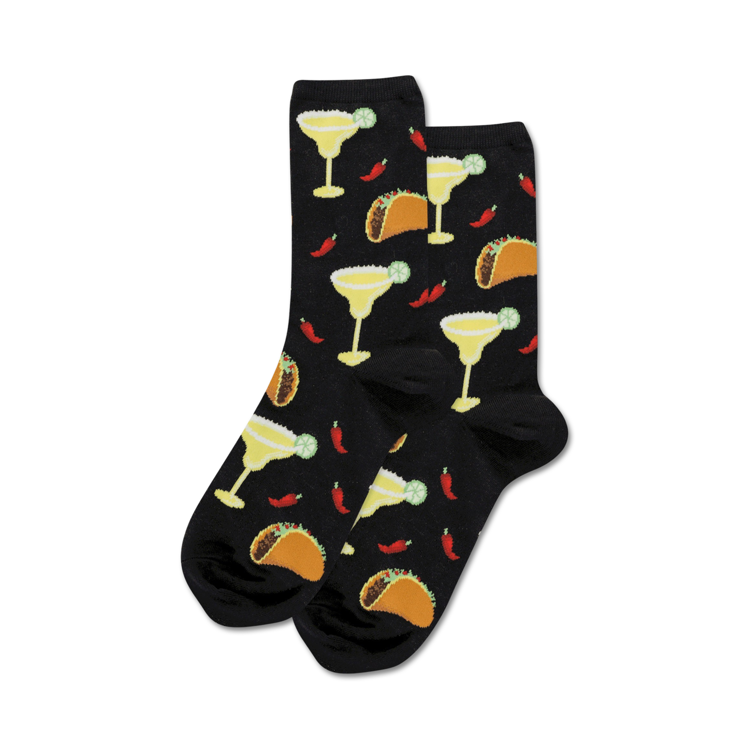 Pair of black crew socks with a fun pattern featuring margaritas, tacos, and chili peppers.