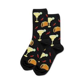 black crew socks with a fun pattern of margaritas, tacos, and chili peppers. perfect for taco night or a girls' night out.   