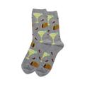 Pair of gray crew socks with the same margarita and taco pattern as the black pair.