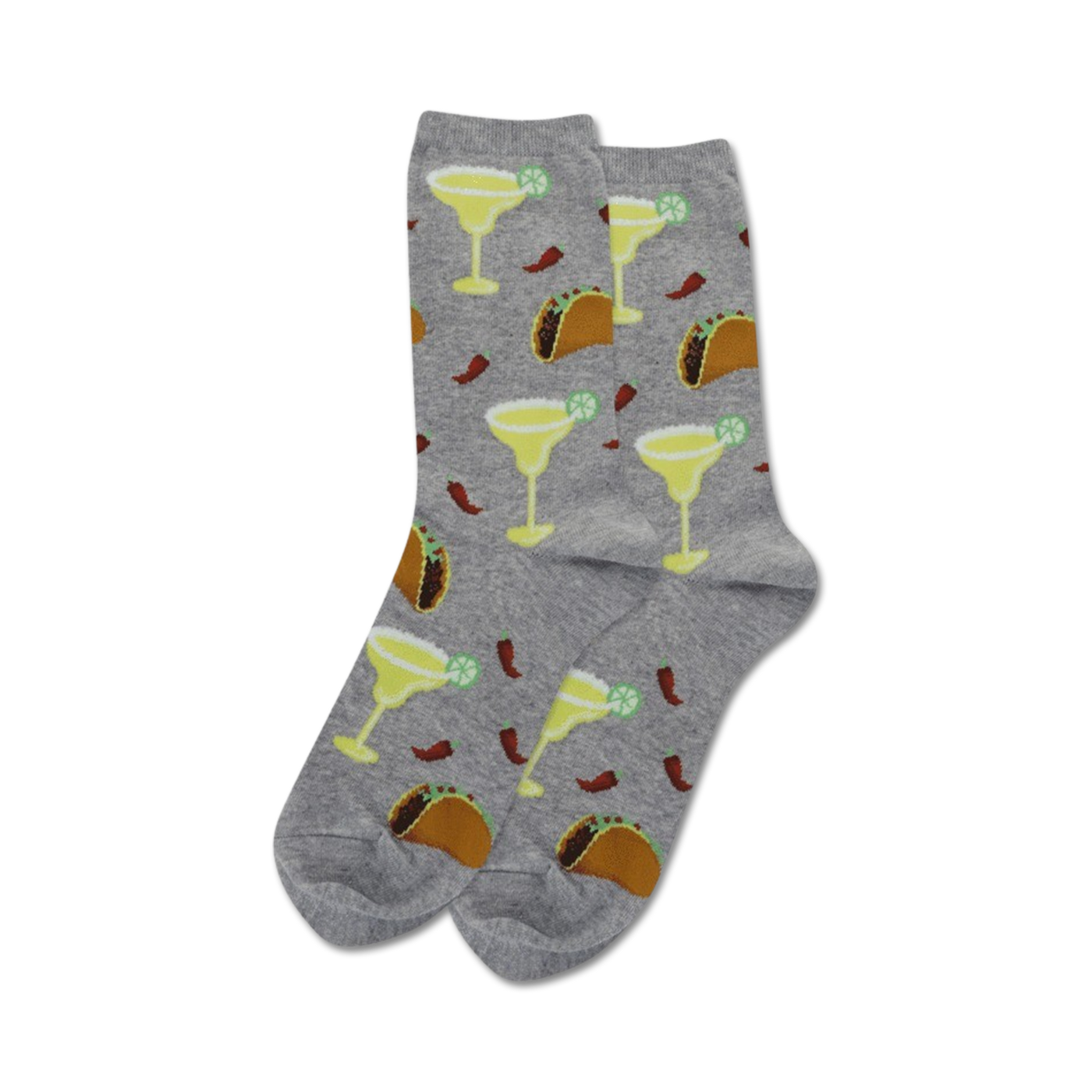 Pair of gray crew socks with the same margarita and taco pattern as the black pair.