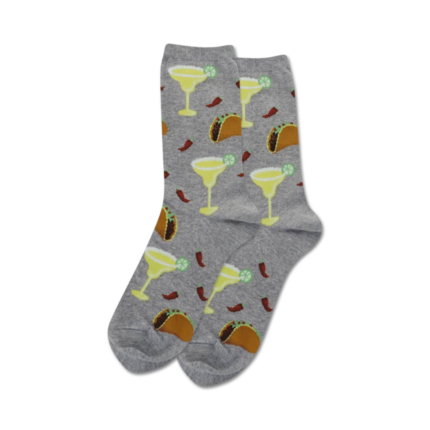 Pair of gray crew socks with the same margarita and taco pattern as the black pair.