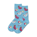 Pair of crew socks in light blue, featuring pink flamingo and unicorn pool floats and yellow beach balls.