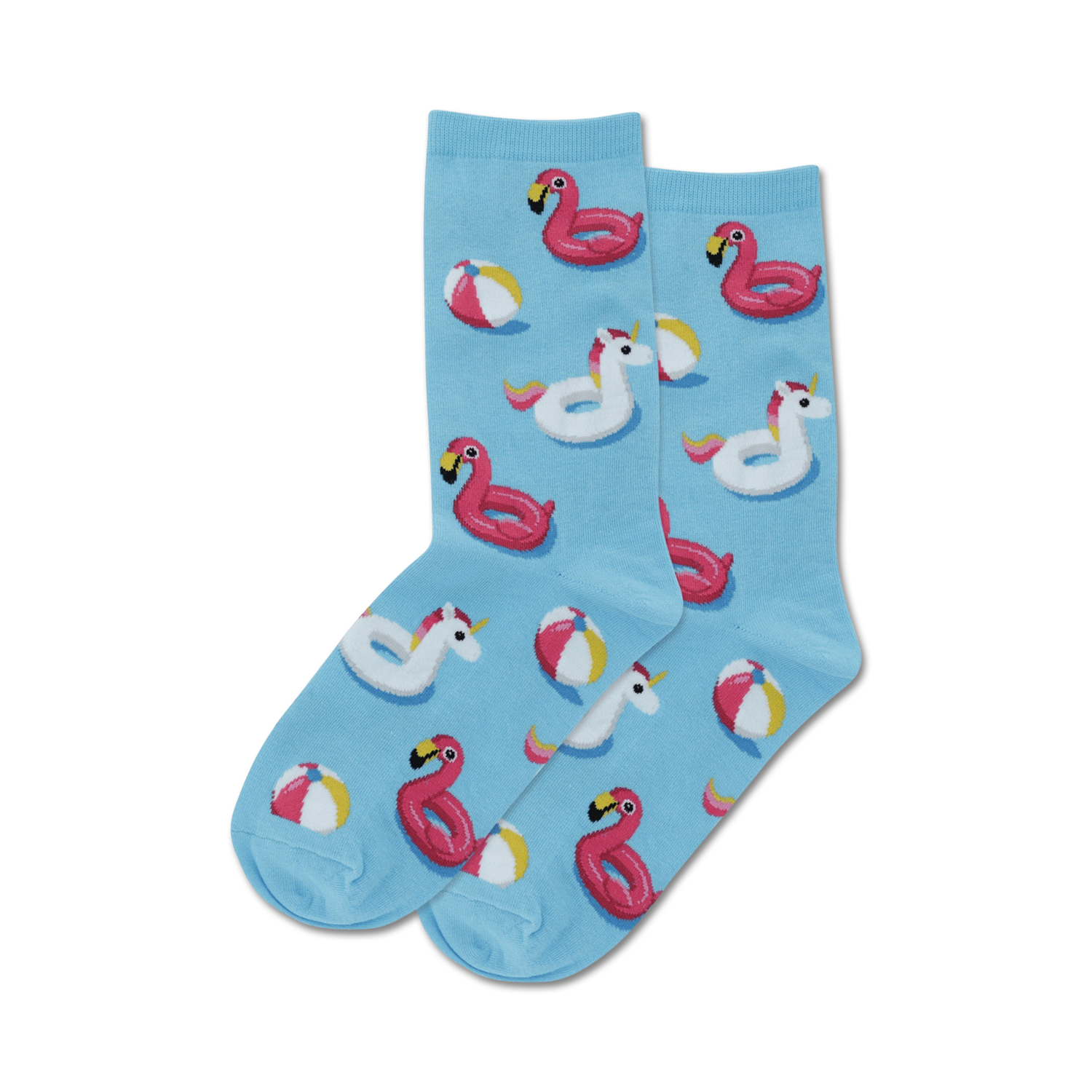 Pair of crew socks in light blue, featuring pink flamingo and unicorn pool floats and yellow beach balls.