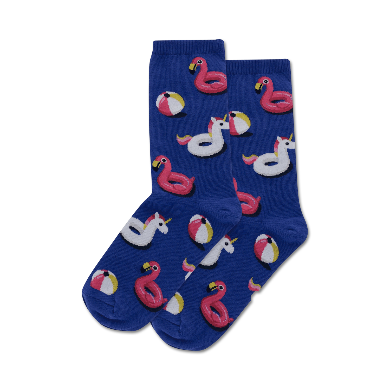 Close-up shot of a pair of navy blue Pool Floats socks showcasing the fun summer design.