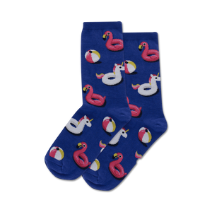 pink flamingos and unicorns frolic in pool floats on these playful crew socks, perfect for summer fun. (women's)  