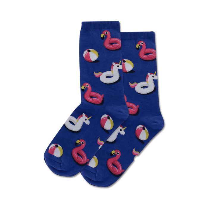 pink flamingos and unicorns frolic in pool floats on these playful crew socks, perfect for summer fun. (women's)  