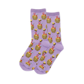 Pair of crew socks with a soft lavender background, patterned with yellow pineapple drinks, red straws, cherries, and pineapple slices.