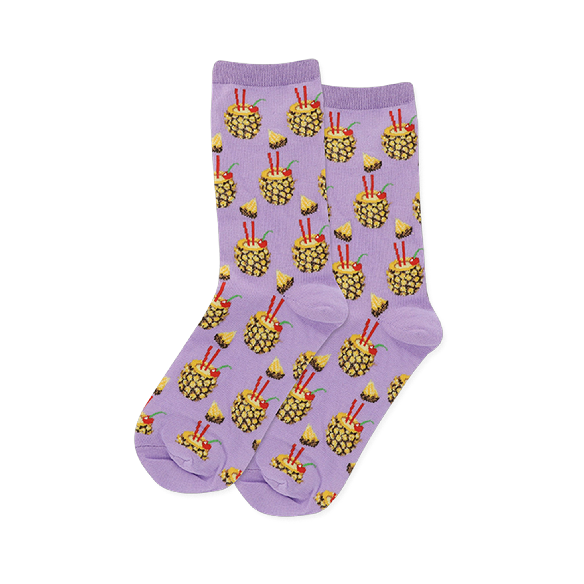 Pair of crew socks with a soft lavender background, patterned with yellow pineapple drinks, red straws, cherries, and pineapple slices.