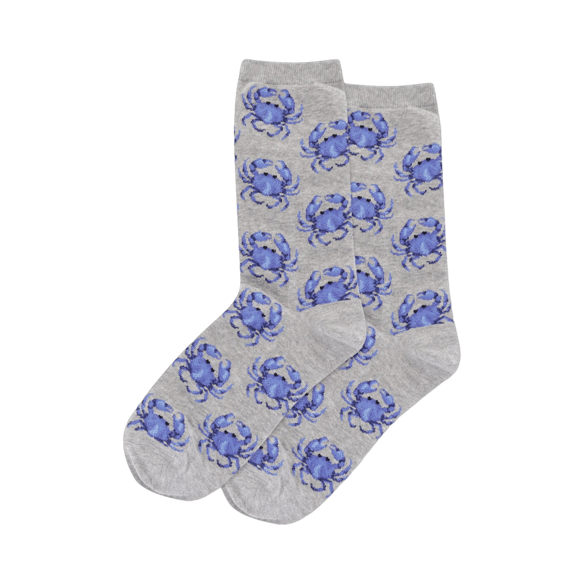 Pair of crew socks; grey with repeating pattern of small purple-blue crabs. 