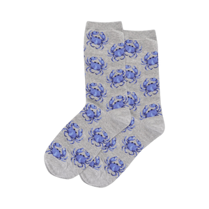 Pair of crew socks; grey with repeating pattern of small purple-blue crabs. 