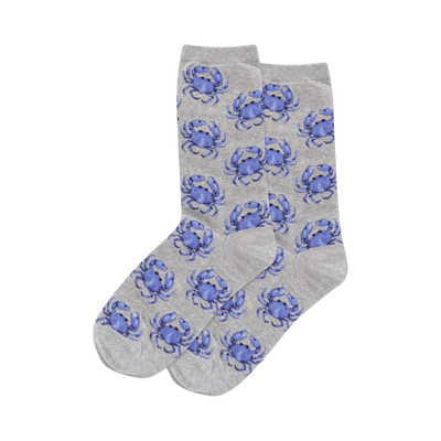 Pair of crew socks; grey with repeating pattern of small purple-blue crabs. 