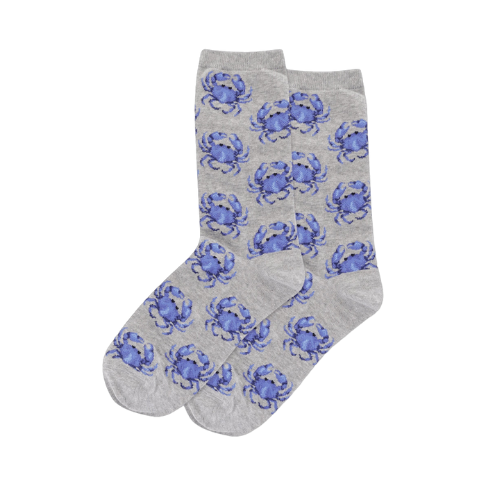 Pair of crew socks; grey with repeating pattern of small purple-blue crabs. 