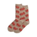 Pair of taupe crew socks with red crabs shown against a white background.