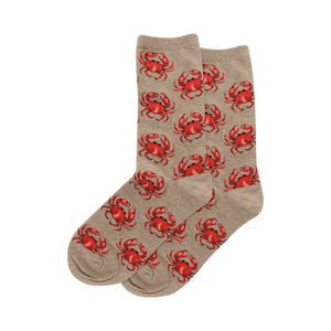 Pair of taupe crew socks with red crabs shown against a white background.