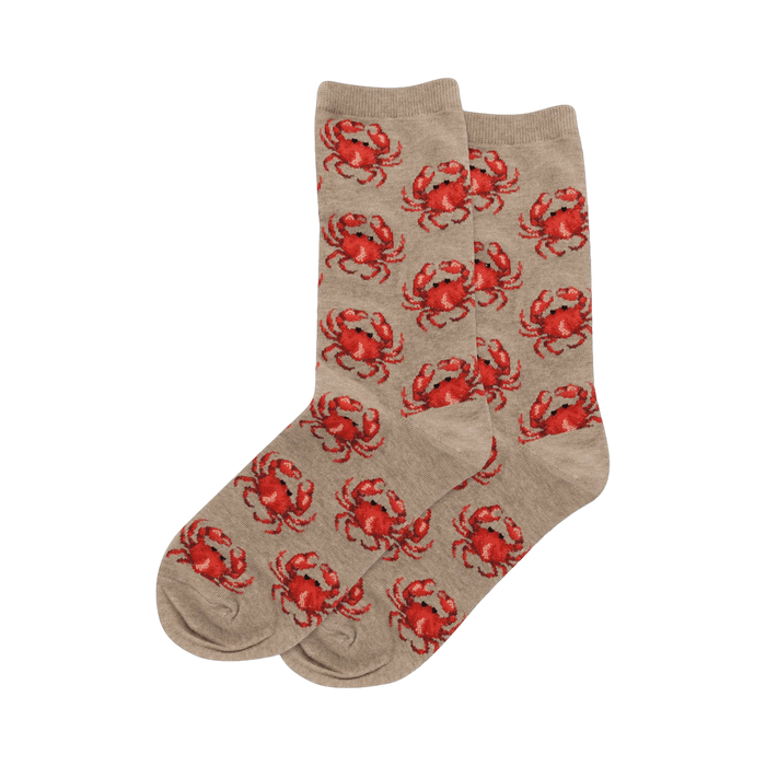 Pair of taupe crew socks with red crabs shown against a white background.