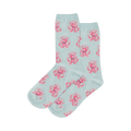 Pair of crew socks, light blue with a repeating pattern of pink cartoon octopuses.