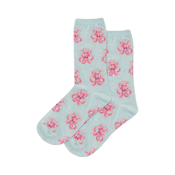 Pair of crew socks, light blue with a repeating pattern of pink cartoon octopuses.