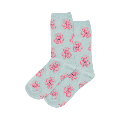 Pair of crew socks, light blue with a repeating pattern of pink cartoon octopuses.