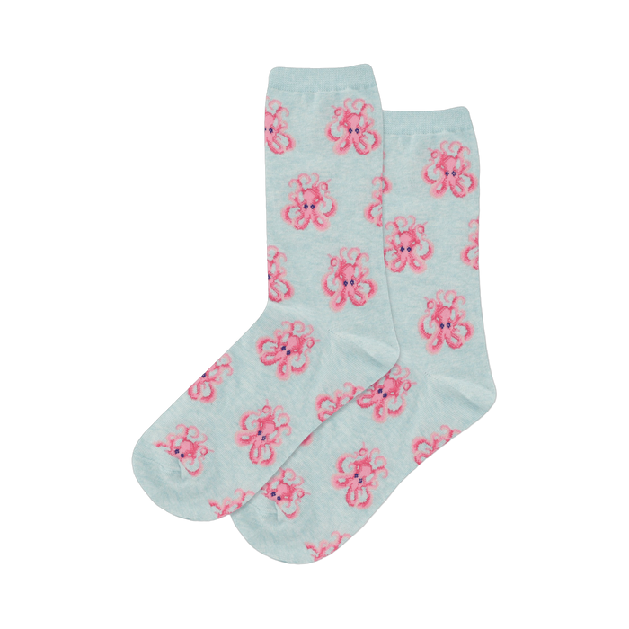 Pair of crew socks, light blue with a repeating pattern of pink cartoon octopuses. }}