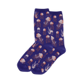 Pair of purple crew socks featuring a repeating pattern of orange and white jellyfish and seaweed.