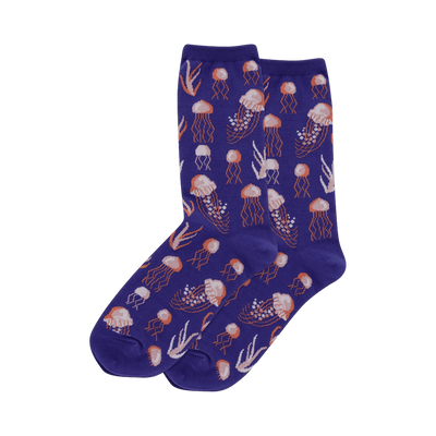 Pair of purple crew socks featuring a repeating pattern of orange and white jellyfish and seaweed.