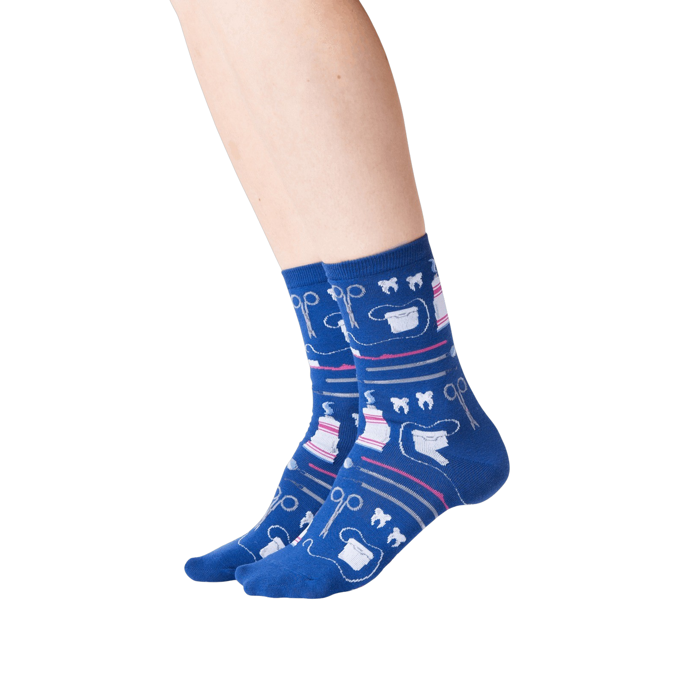 Lifestyle shot showing the Dentist socks on a person's legs against a black background.