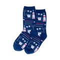 Pair of navy blue crew socks with a fun pattern of dental tools, teeth, and toothpaste tubes. 