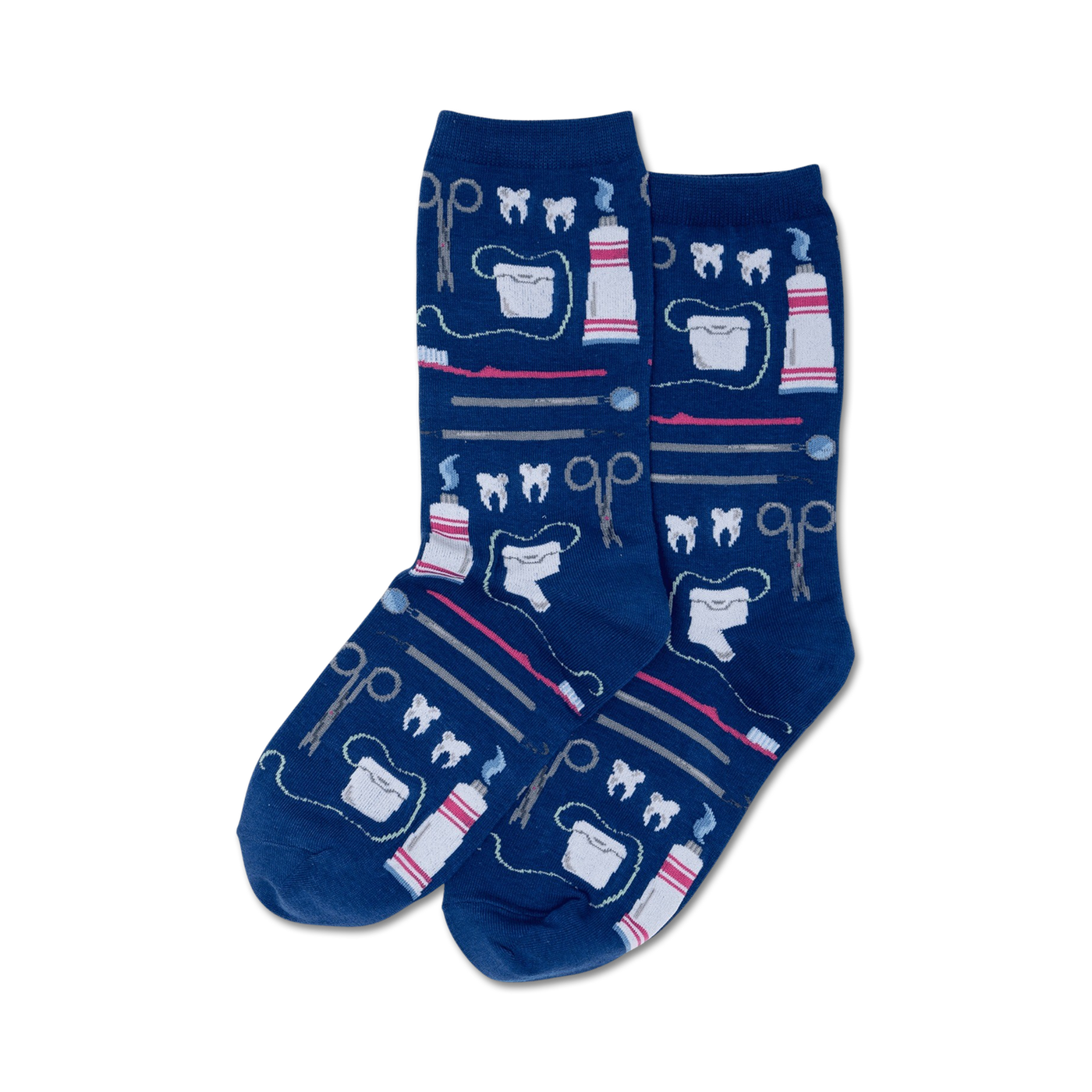 Pair of navy blue crew socks with a fun pattern of dental tools, teeth, and toothpaste tubes. 