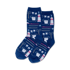 Pair of navy blue crew socks with a fun pattern of dental tools, teeth, and toothpaste tubes. 