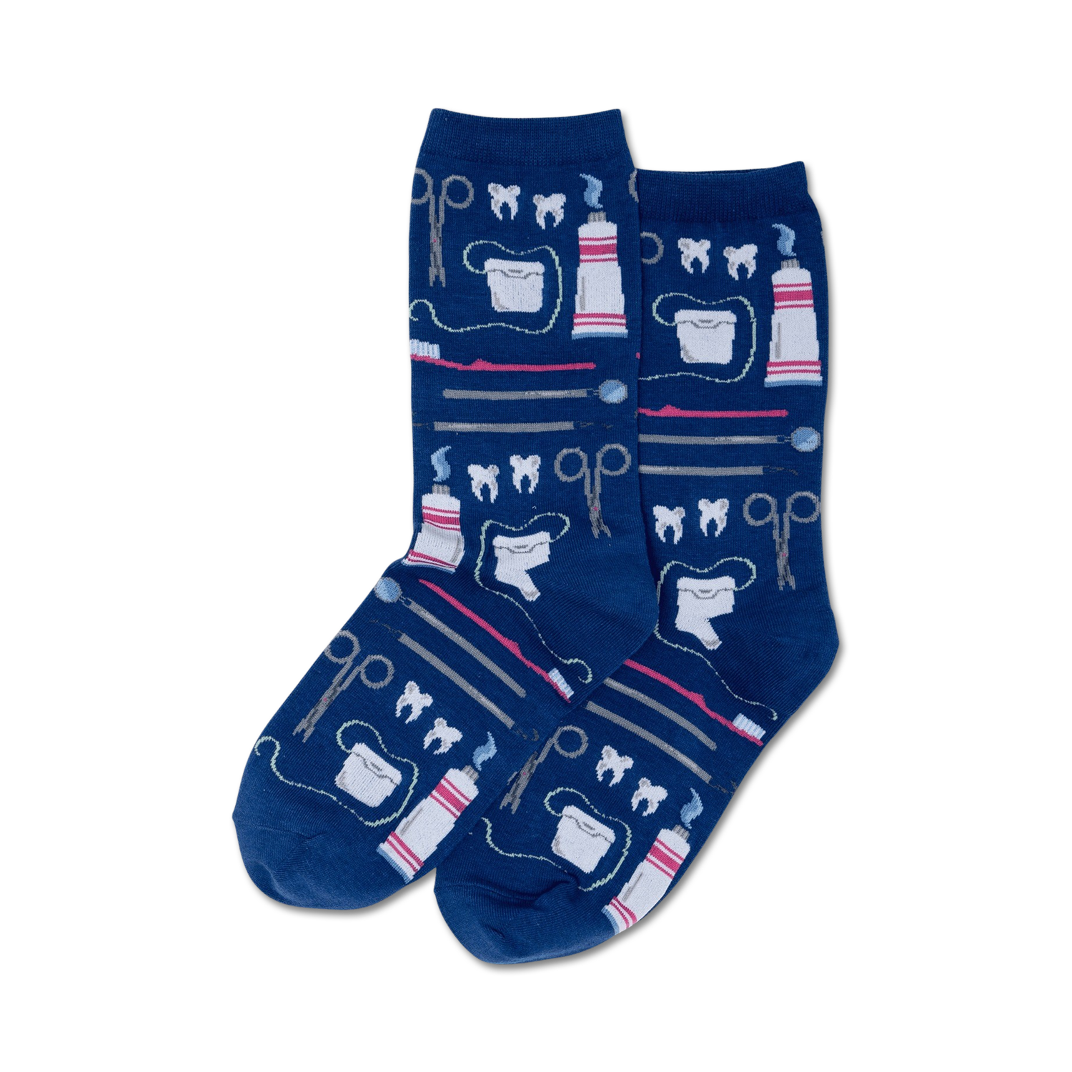Pair of navy blue crew socks with a fun pattern of dental tools, teeth, and toothpaste tubes. 