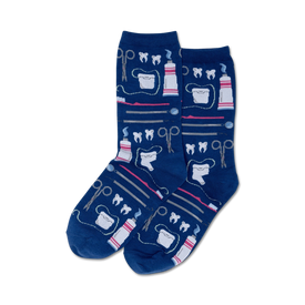 dental themed womens crew socks with floss, toothbrush, toothpaste, and teeth pattern.   