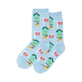 Pair of light blue crew socks with a repeating pattern of teal houses, gold keys, and red 'For Sale' signs.