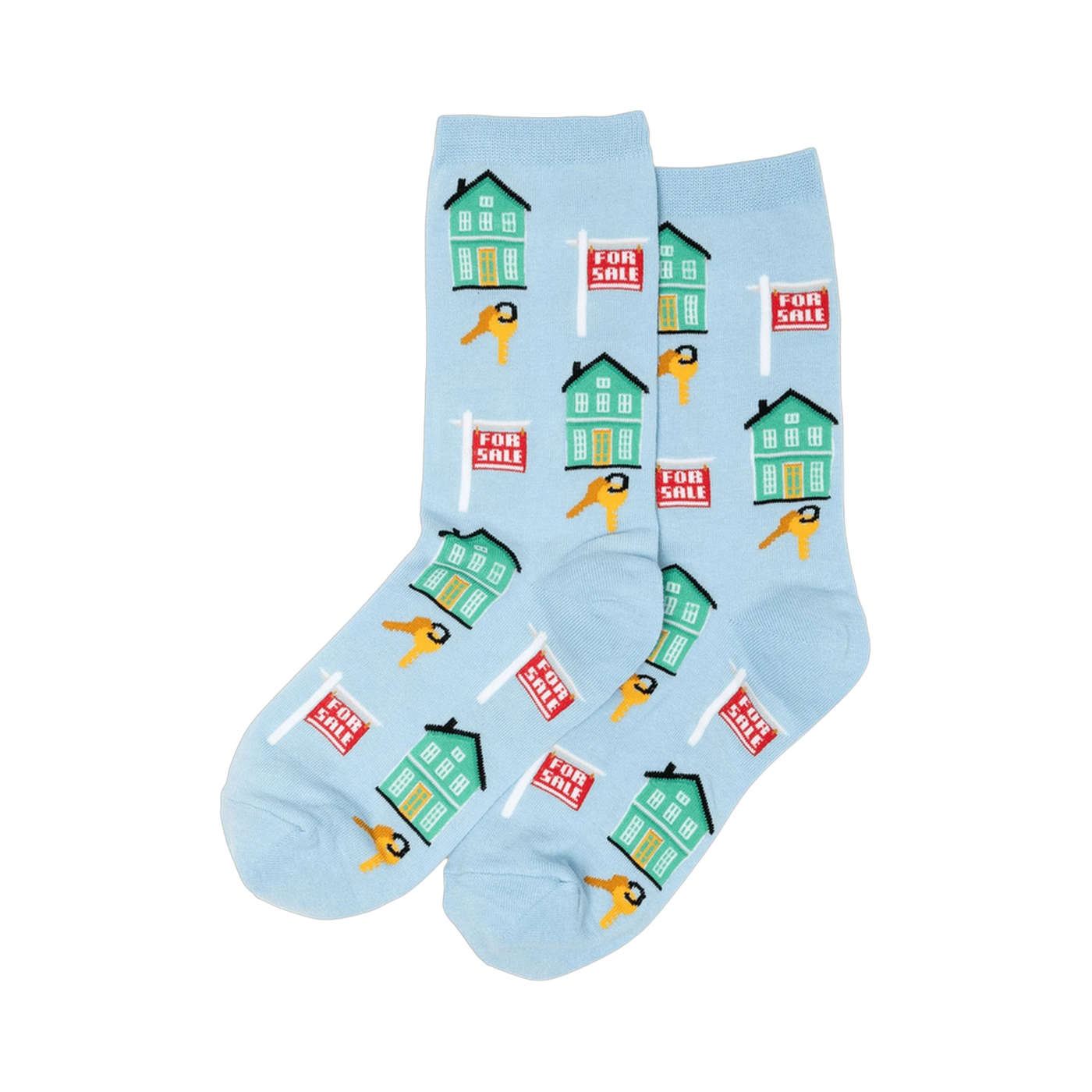 Pair of light blue crew socks with a repeating pattern of teal houses, gold keys, and red 'For Sale' signs.