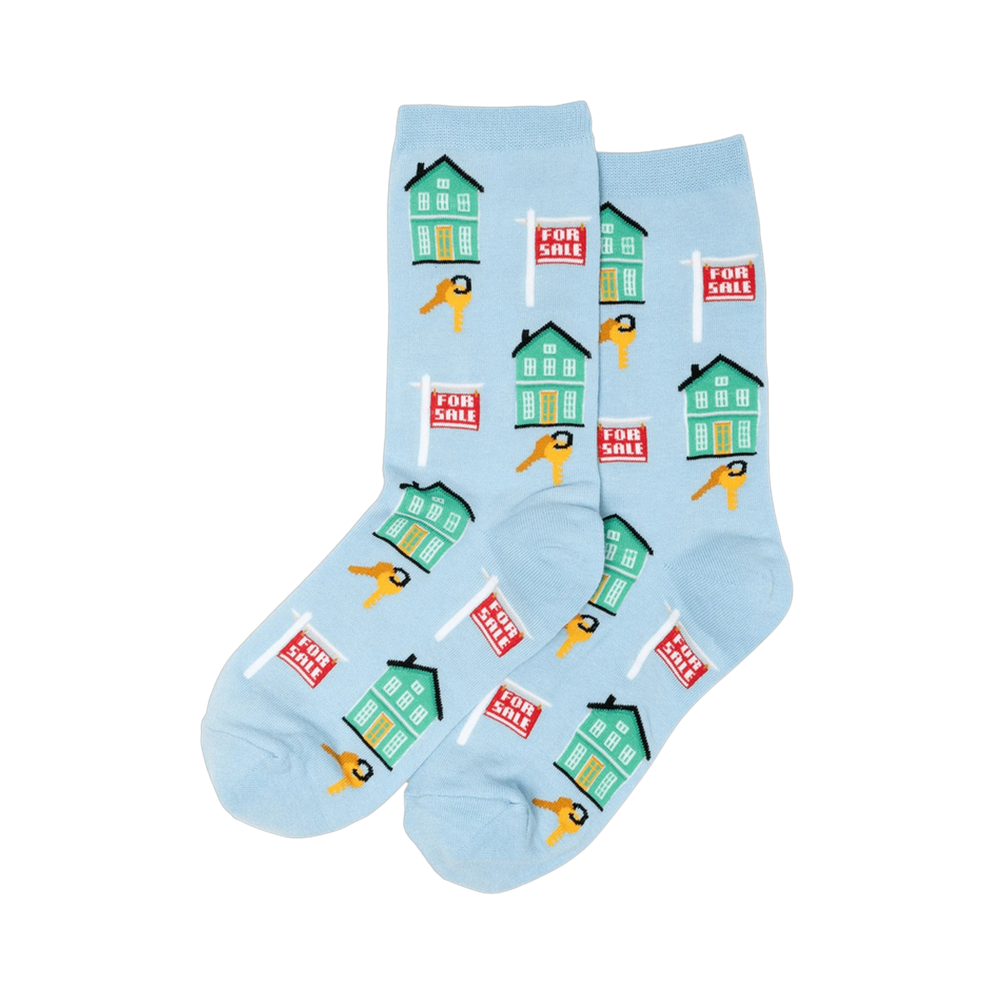 Pair of light blue crew socks with a repeating pattern of teal houses, gold keys, and red 'For Sale' signs.