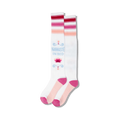 Pair of white knee-high socks with pink and red stripes, a lotus flower, and 'Namaste In Bed' text.