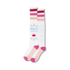 Pair of white knee-high socks with pink and red stripes, a lotus flower, and 'Namaste In Bed' text.