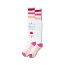 striped knee-high sassy namaste in bed women's socks with hot pink, red and bright blue color scheme.   