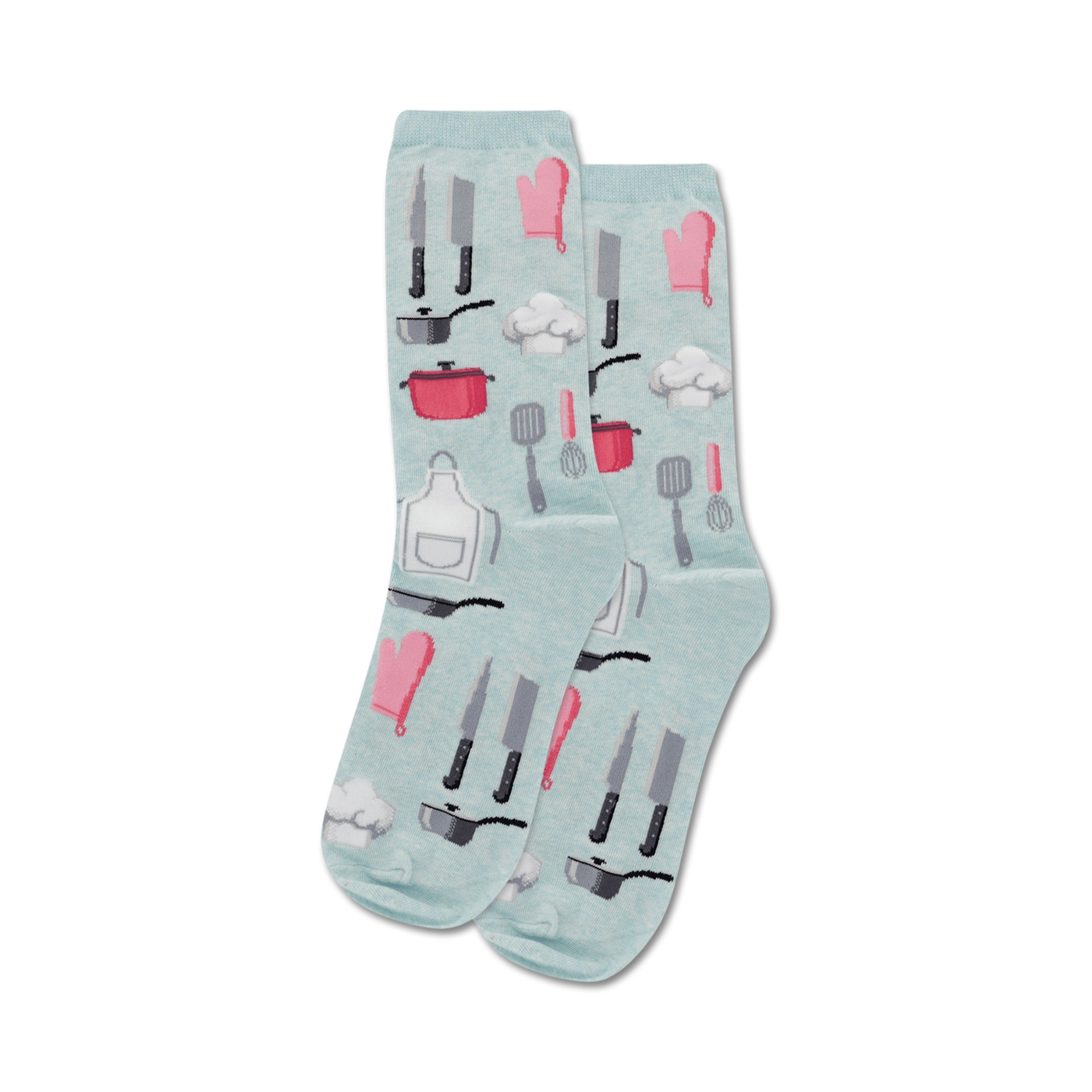 Pair of light blue crew socks with a fun pattern of kitchen utensils in pink and gray.  Designs include knives, whisks, pots, and chef hats.