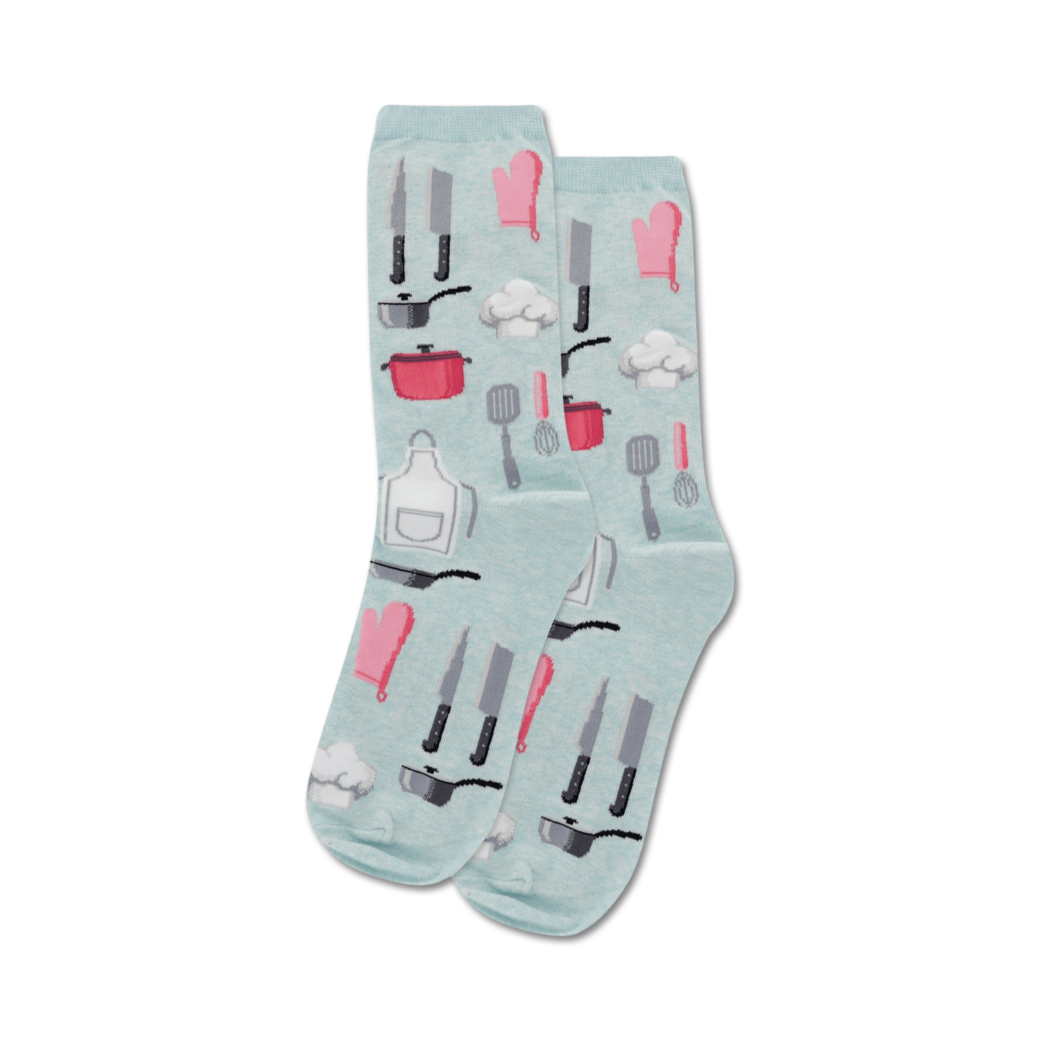 Pair of light blue crew socks with a fun pattern of kitchen utensils in pink and gray.  Designs include knives, whisks, pots, and chef hats.