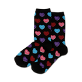 Pair of women's crew socks. Black background with colorful candy hearts that say 'Kiss Kiss', 'XOXO', etc.